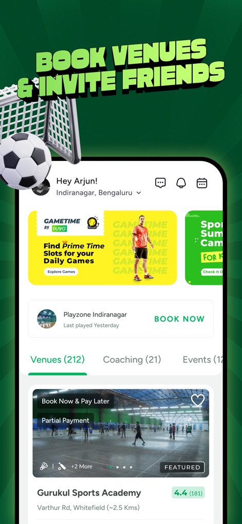 Playo - Sports Community App - 사용자는 'Gurukul Sports Academy'와 같은 근처 스포츠 시설을 쉽게 찾아 예약할 수 있으며, 'BOOK NOW' 버튼을 통해 빠르고 편리하게 공간을 확보할 수 있습니다.