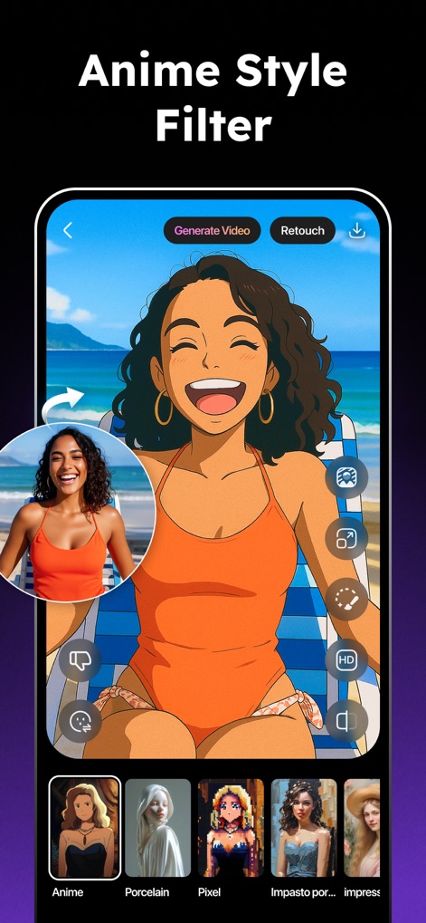 AI Photo Generator - Collart - The app allows users to convert photos into striking anime art, offering a range of "anime styles" and additional creative filters like "Porcelain" and "Pixel".
