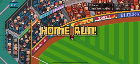 Pixel Pro Baseball - L'app celebra un fuoricampo con una visualizzazione dinamica del testo 'HOME RUN!', circondata dalla folla entusiasta rappresentata in pixel art sugli spalti.