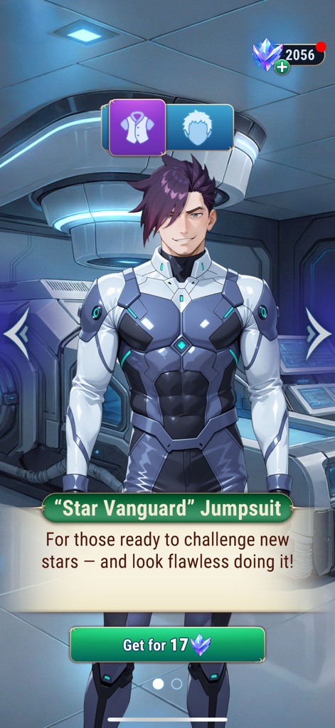 Anime Dating Sim: Story Games - La personalización del personaje se muestra con un vistoso traje futurista de 'Star Vanguard', acompañado de una interfaz de usuario que permite cambiar opciones de ropa y peinado.