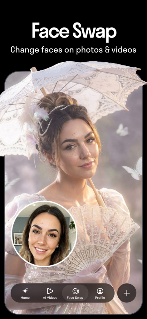 Reface: Face Edit AI Photo App - Troque rostos perfeitamente em vídeos populares ou arte de personagens, integrando fotos pessoais em novas criações visuais.