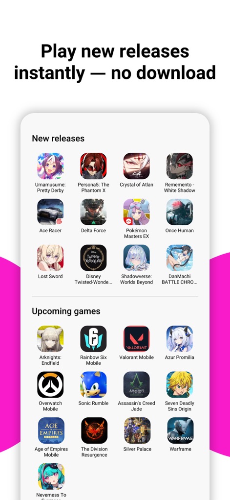 CloudMoon - Cloud Gaming - La aplicación presenta secciones claras como "Nuevos lanzamientos" con títulos como "Persona5: The Phantom X" y "Próximos juegos" incluyendo "Valorant Mobile", asegurando a los usuarios acceso a lo último sin descargas.