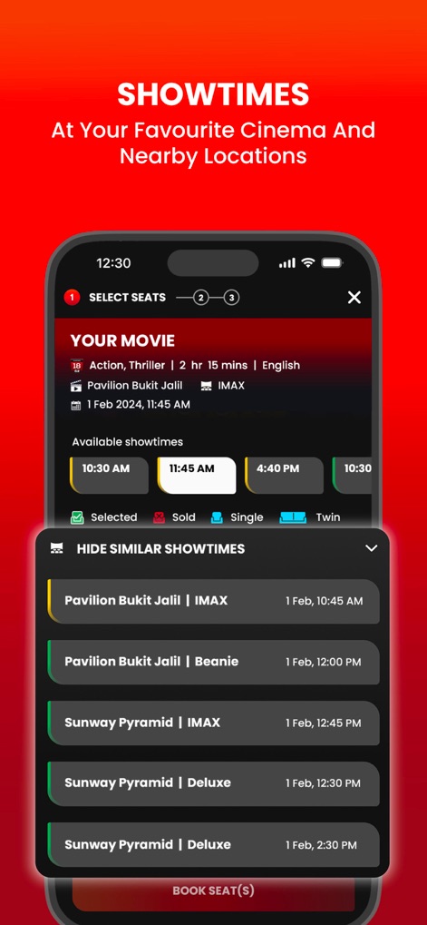 TGV - Explore comprehensive showtimes for chosen movies, presented with clear time slots and a detailed list of available screenings across multiple cinemas.