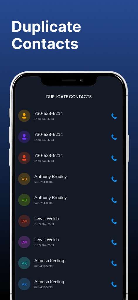 Photo Recovery : Deleted Photo - The app offers efficient contact management, displaying a comprehensive list of contacts with their phone numbers and clearly identifying duplicate entries for easy cleanup.