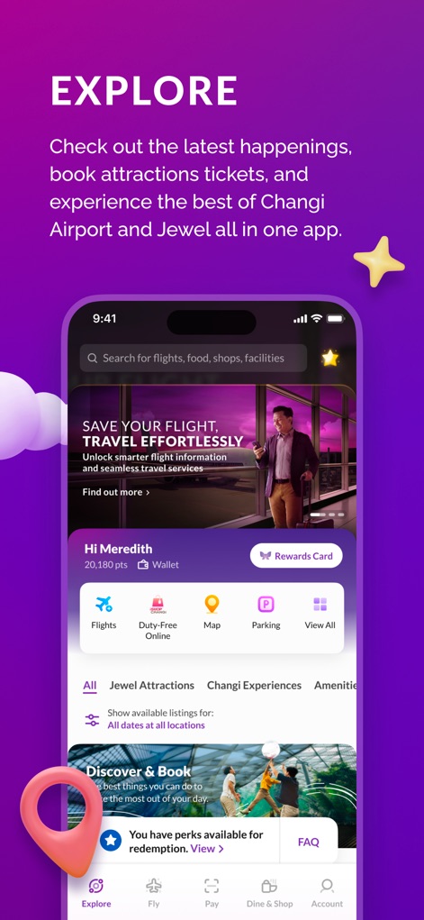 Changi App - Users can navigate a rich 'Explore' tab featuring a prominent search bar for quick access and diverse categories like 'Jewel Attractions' and 'Changi Experiences'.