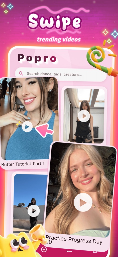 Popor - Beam & Video - The app presents an intuitive 'Swipe trending videos' interface, inviting users to explore content while the visible search bar allows for precise discovery of dance styles and creators.