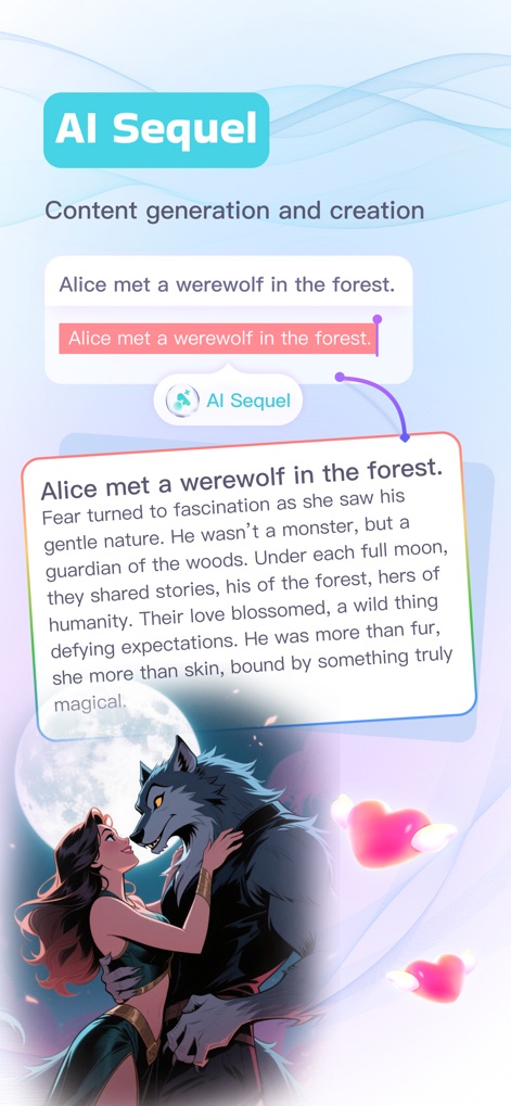 InstaWrite AI - Notes taker - Witness the 'AI Sequel' in action, where the app transforms a brief input text into a detailed narrative, demonstrating its ability to generate expansive and creative content from simple prompts.