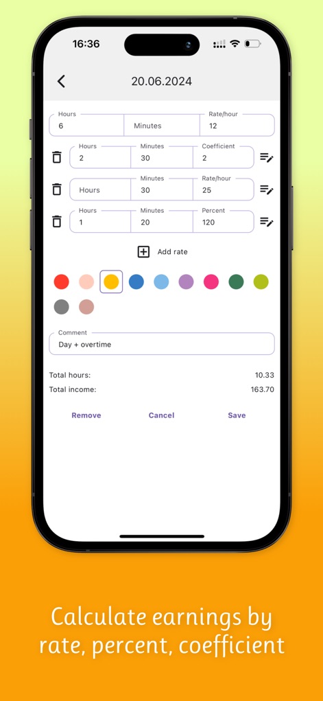 Work Hours Tracker - Timesheet - Users can precisely calculate earnings by entering specific hours and minutes, supported by flexible fields for various rates, coefficients, or percentages.