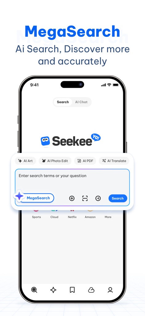 Seekee - Ai Search & Assistant - This tool showcases its versatile MegaSearch bar, integrating AI search functionalities and quick access to popular categories like Sports and Netflix for comprehensive browsing.