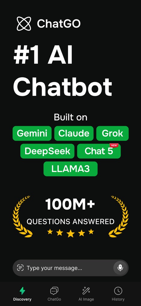 ChatGO: AI Chat 5.0 Assistant - La aplicación se presenta como el chatbot líder, destacando la integración con múltiples modelos de IA como Gemini y Chat 5, y el impresionante historial de más de 100 millones de preguntas respondidas.