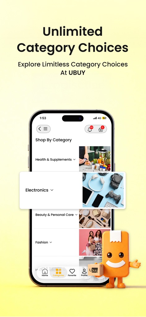 Ubuy: International Shopping - Users can explore 'Unlimited Category Choices' through a clear 'Shop By Category' menu, expanding to reveal options such as 'Electronics' and 'Fashion' with visual previews.