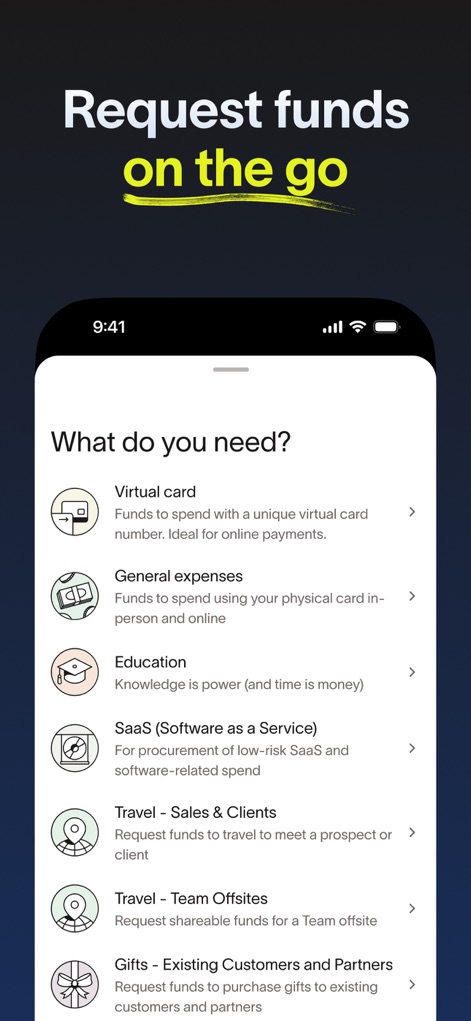Ramp - 이 도구는 사용자가 가상 카드, 일반 경비 등 다양한 지출 요청 유형을 선택하고 각 유형에 대한 설명(예: 가상 카드 생성)을 확인할 수 있도록 합니다.