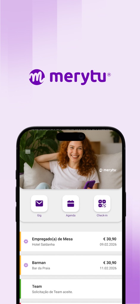 merytu - ユーザーは、表示される利用可能なギグのリストを役割と報酬、日付で確認し、主要なナビゲーションメニューからギグ、アジェンダ、チェックイン機能にアクセスできます。
