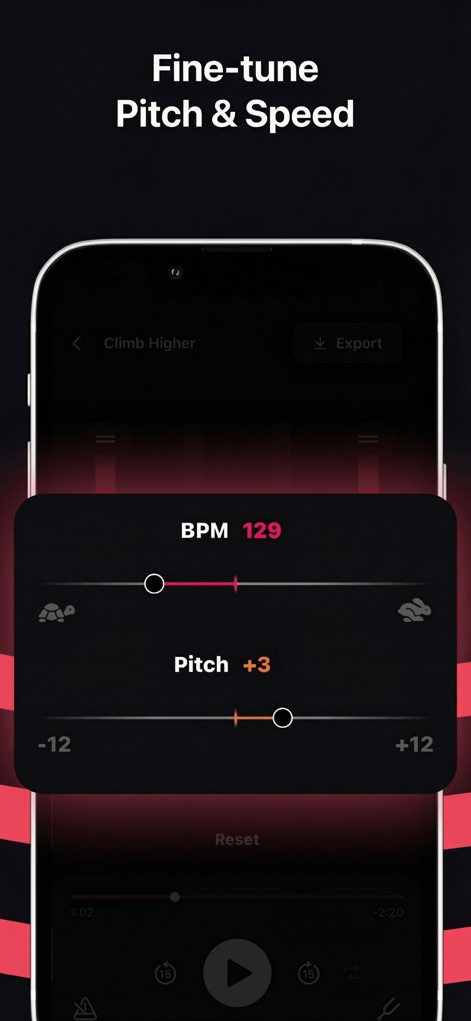 Stemz: remover vocal audio pro - Esta tela apresenta controles intuitivos para o 'BPM' (andamento) e a 'Afinação', permitindo que os usuários modifiquem a velocidade e o tom da música com precisão.