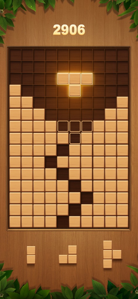 Wood Block Puzzle Games - Dieser Screenshot demonstriert die intelligente Anordnung der Holzblöcke auf dem 10x10-Spielfeld, wobei die natürliche Holztextur und das immersive Gameplay sofort ins Auge fallen.