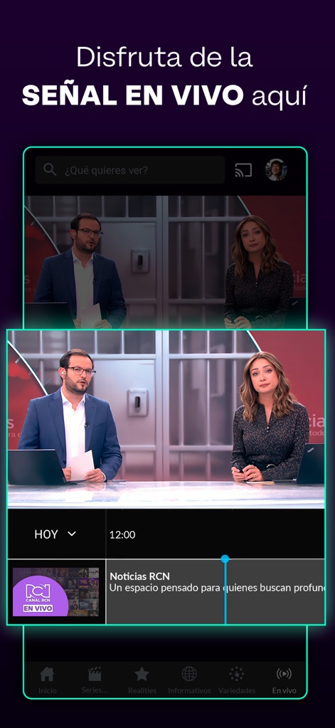 Canal RCN - The app delivers real-time access to news and programs, featuring a dynamic live news broadcast and a streamlined bottom navigation bar for effortless content switching.