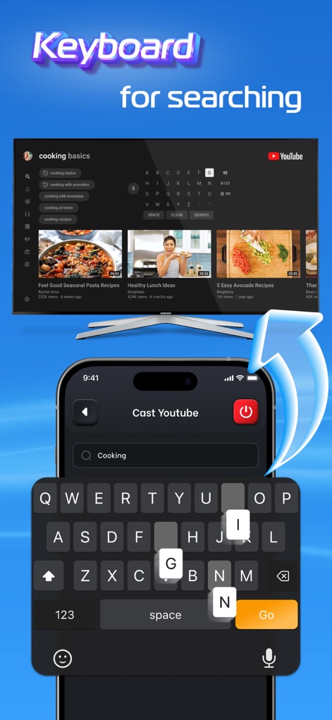 Universal Remote for TV Smart - Die App bietet eine komfortable Tastatur auf dem Smartphone (X) für schnelle Eingaben, die sich direkt auf dem TV in Suchergebnissen (Y) widerspiegeln, beispielsweise für YouTube-Videos.