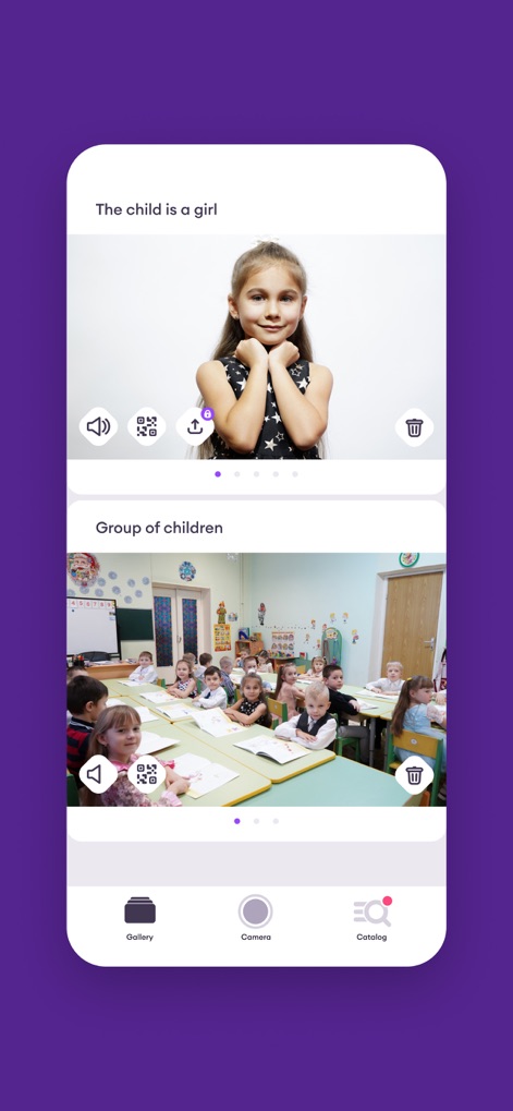 OJV! - A galeria apresenta diversas fotos de crianças, cada uma com opções para controlar o áudio e expandir a visualização, oferecendo uma gestão intuitiva de memórias animadas.