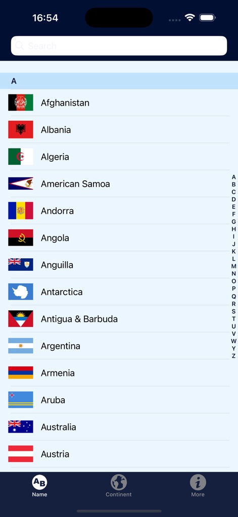 FlagDict: World Flags - The app presents an organized list of nations with their corresponding flag icons and offers quick navigation via the alphabetical index.