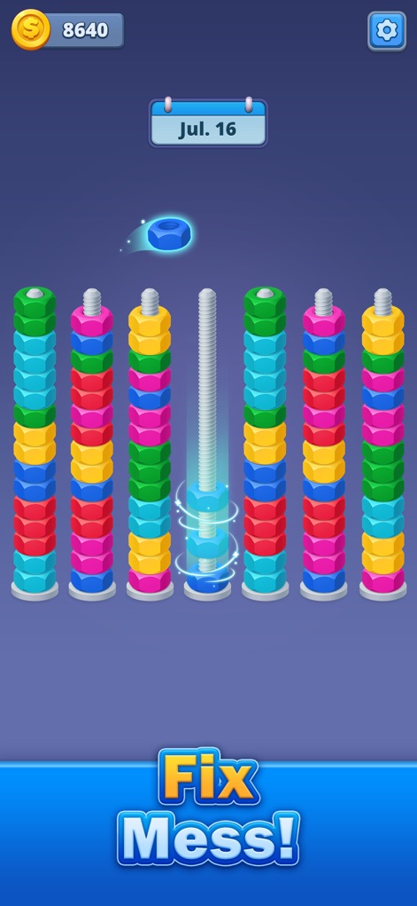 Nuts Factory: Sort Puzzle - L'application illustre la mécanique de base avec des piles d'écrous multicolores sur des vis et un appel à l'action clair "Fix Mess!".