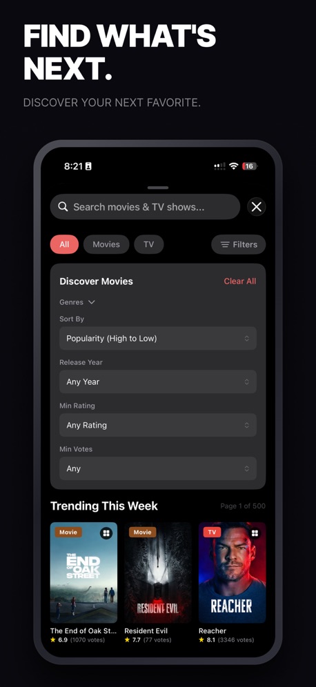 TV Club: Movies & Show Tracker App Store screenshot 5, headline “FIND WHAT'S NEXT.”. Star rating shown.