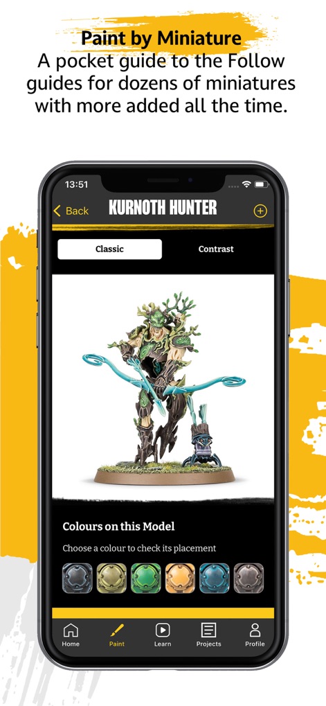 Warhammer Colour: The App - Os usuários podem explorar esquemas de cores específicos, como demonstrado na visualização detalhada da miniatura 'KURNOTH HUNTER', complementada por uma paleta de 'Colours on this Model' para referência.