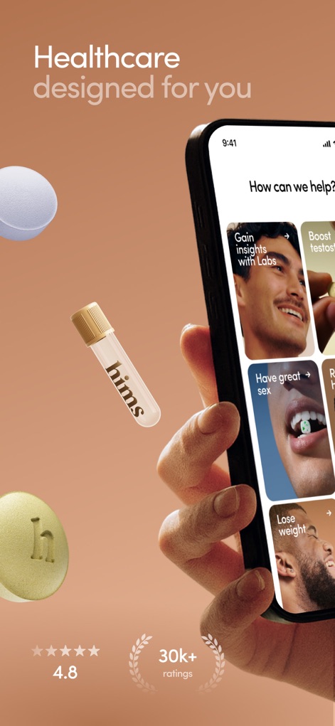 Hims: Telehealth for Men - See how the app’s intuitive home screen presents a range of health categories and highlights convenient digital access for users.