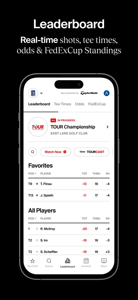 PGA TOUR - The app delivers a dynamic leaderboard experience, highlighting favorite players and offering an immediate "Watch Now" option for live event coverage.