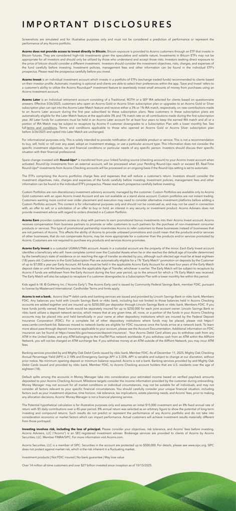 Acorns: Invest For Your Future - この画面には、サービス利用に関する詳細な法的開示情報と、重要な規約がテキスト形式で明記されています。