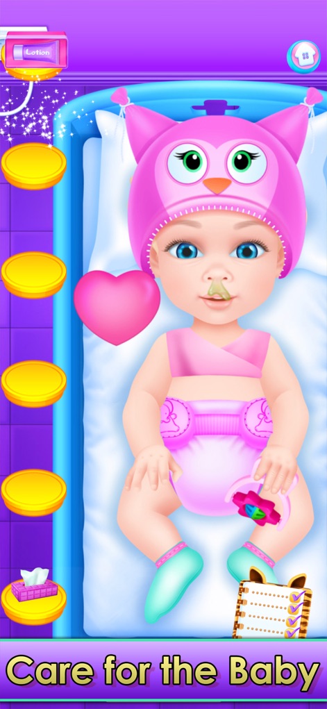 Baby & Family Simulator Games - This scene depicts caring for a baby with a runny nose, providing essentials like tissues and lotion to ensure comfort.