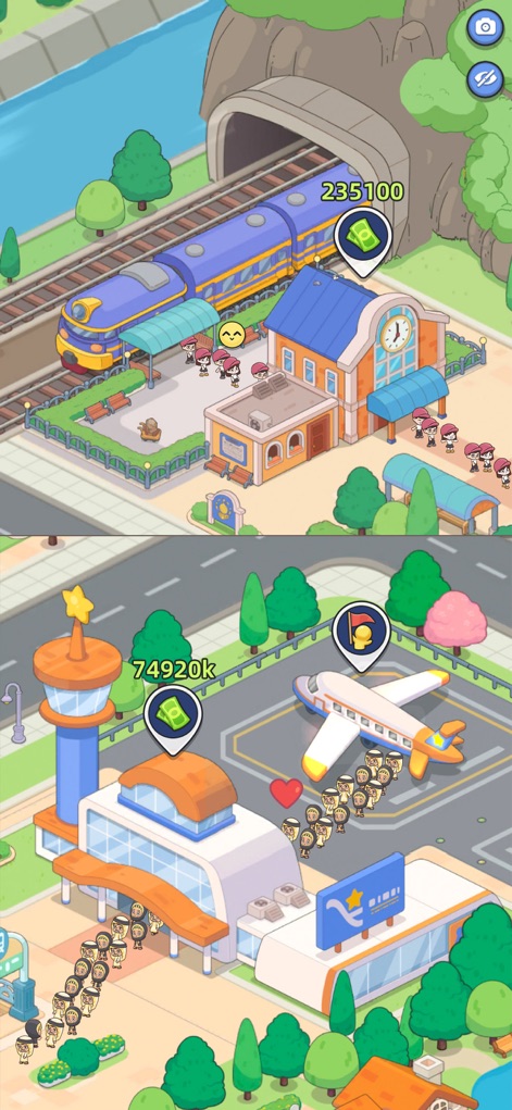 Happy Citizens - Mayor Sim - Users can witness the dynamic movement of citizens and resources via a vibrant train station and a bustling airport, showcasing the city's advanced transportation infrastructure.