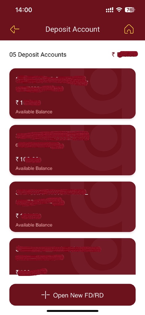 PNB ONE - This section clearly displays all 'Deposit Accounts' with their balances and provides a straightforward option to 'Open New FD/RD' directly within the app.