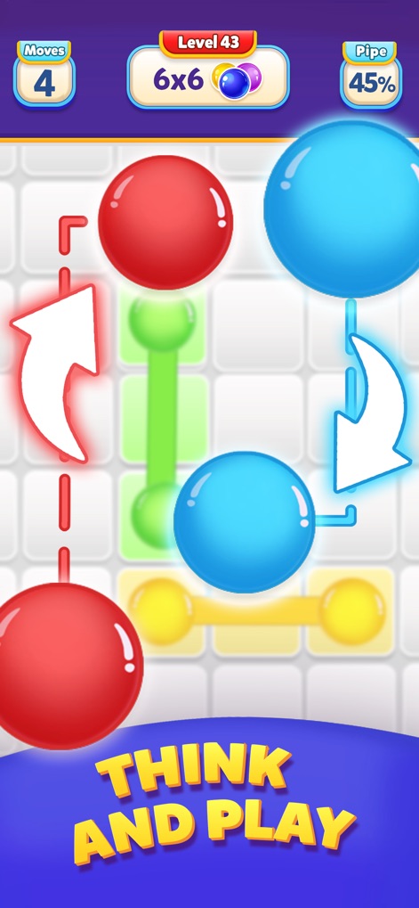 Ball Connect: Color Dot Puzzle - This scene highlights strategic thinking with dashed line hints and directional arrows for ball movement, alongside various distinct colored balls awaiting connection.