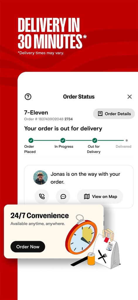 7NOW: Food & Drinks Delivery - This screenshot visualizes the real-time order tracking progress bar, showing each stage from 'Order Placed' to 'Out for Delivery', and offers convenient driver contact options or map viewing.
