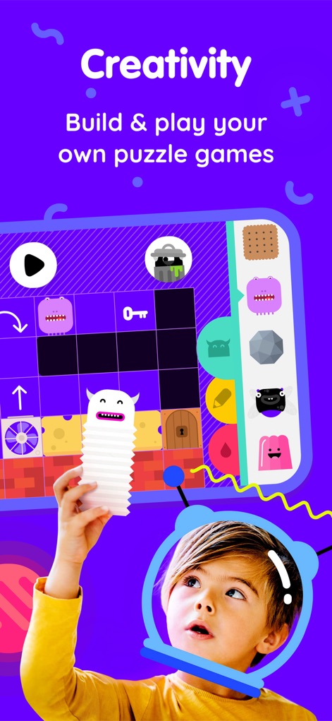 Thinkrolls: Fun Kids Games 2-8 - La interfaz permite a los niños construir sus propios juegos de puzles, utilizando elementos como bloques personalizables y personajes únicos.