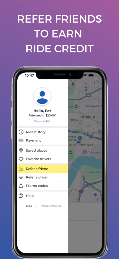 Empower - Your ride, your way App Store screenshot 4, headline “REFER FRIENDS TO EARN RIDE CREDIT”. Purple.