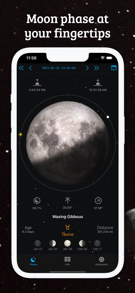 Moon Phase Calendar LunarSight - Die App präsentiert die aktuelle Mondphase mit detaillierten Informationen wie dem astronomischen Namen "Waxing Gibbous" und dem zugehörigen Sternzeichen "Taurus".