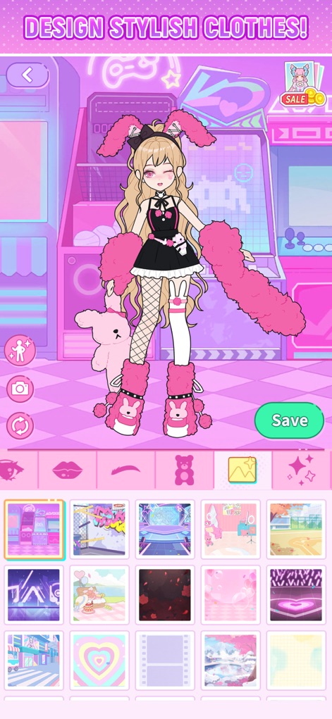 Sparkle Style: Fashion Design - This screen showcases the "Design Stylish Clothes!" module, where users can dress avatars in trendy outfits and choose from a variety of dynamic background options, including a neon arcade.