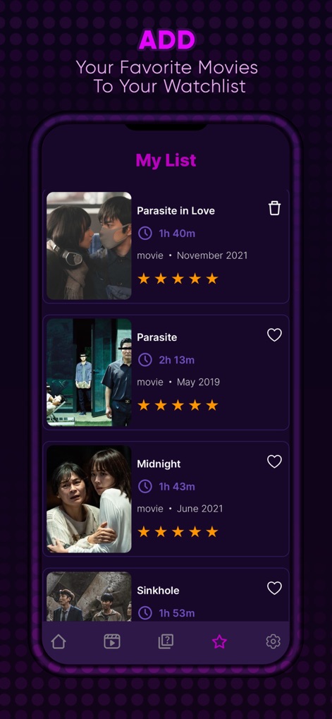 Drama Slay : Kdrama Movie Go - 사용자는 '나의 목록'에서 '기생충'과 같은 선호하는 영화들을 추가하여 개인화된 시청 목록을 관리할 수 있으며, 각 항목의 포스터와 별점 정보를 한눈에 확인할 수 있습니다.