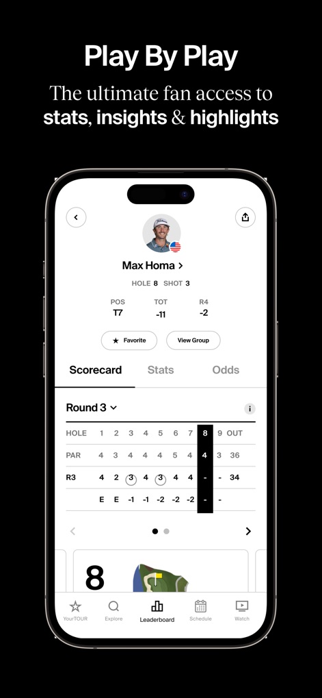 PGA TOUR - Users can delve into comprehensive player data, viewing detailed scorecards by round and accessing in-depth player "Stats" and "Odds" information.