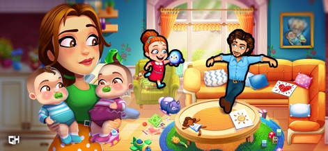 Delicious - Moms vs Dads - Esta captura de tela inicial imerge os usuários no ambiente doméstico movimentado de Emily, destacando Emily com seus bebês e a dispersão de brinquedos pela sala, que prenunciam os desafios de gerenciamento.