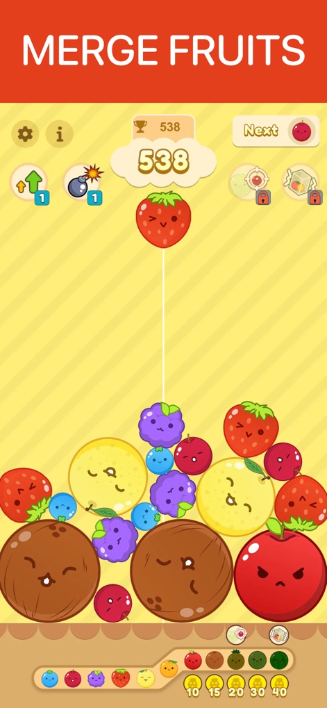 Offline Games no wifi internet - A captura detalha o gameplay de "MERGE FRUITS", com uma morango caindo para se juntar a outras frutas coloridas em um plano de fundo amarelo.