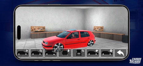 Carros Socados Brasil - O aplicativo permite aos usuários a customização completa de um carro rebaixado, evidenciada pela interface de opções de modificação de veículos como rodas e altura.