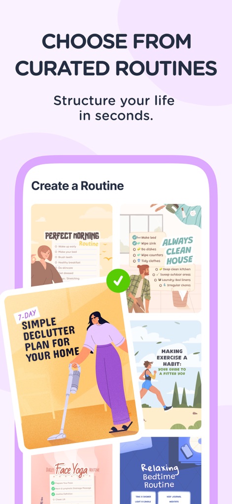 Dear Me: Daily Routine Tracker - Users can instantly structure their lives by choosing from a diverse library of curated routines, including options like "Perfect Morning Routine" and a "7-Day Simple Declutter Plan".