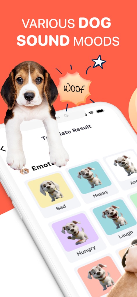 Dog Translator - Dog Talk - La aplicación ofrece una cuadrícula de emociones caninas caricaturizadas, como "Triste" y "Feliz", que los usuarios pueden seleccionar, y el icono de burbuja de "woof" sugiere la variedad de sonidos disponibles.