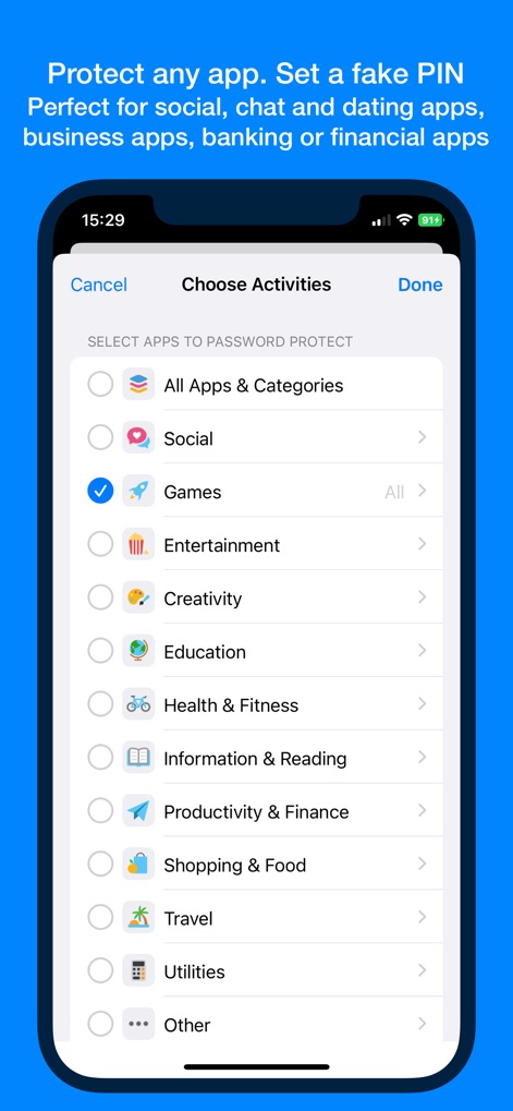 AppLocker • Passcode lock apps - Gli utenti possono facilmente scegliere le applicazioni da proteggere, con un'interfaccia che mostra l'elenco delle categorie e le relative checkbox per la selezione.