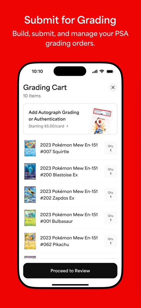 PSA: Card Tracking & Grading App Store screenshot 2, headline “Submit for Grading”. Names the app.
