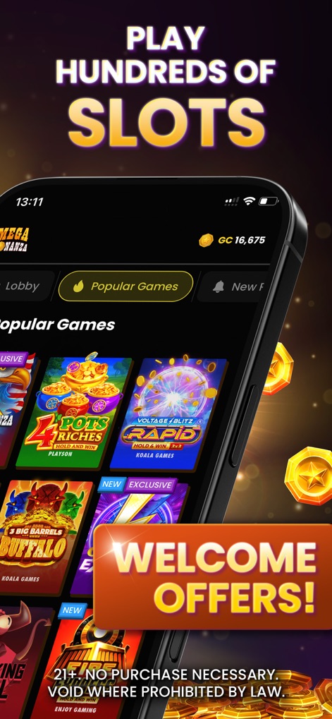 MegaBonanza - Social Casino - Users can explore a vast collection of slot games organized under the 'Popular Games' tab, featuring diverse slot game titles and attractive welcome offers.