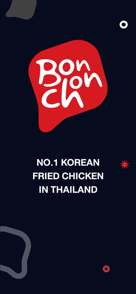 Bonchon Thailand - This initial screen proudly showcases the distinctive Bonchon logo and emphasizes its status as the "NO.1 KOREAN FRIED CHICKEN IN THAILAND."