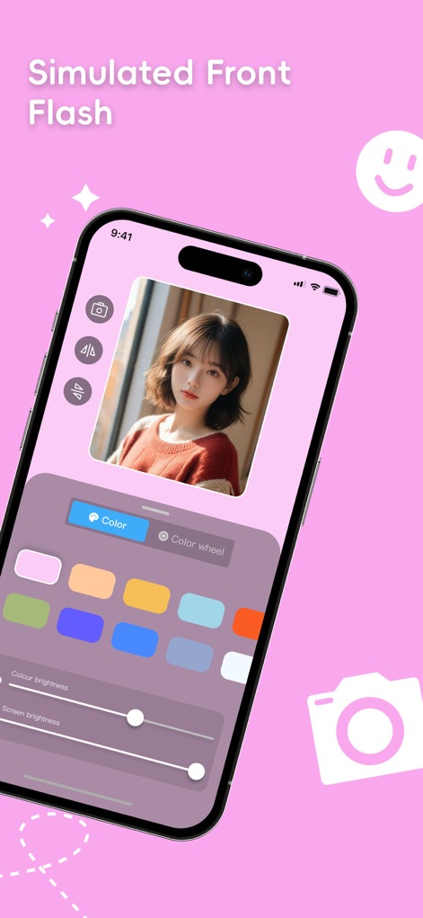 GlowCamera Selfie Light Camera - This tool provides users with a simulated front flash effect and precise control over color palettes and brightness sliders for optimal selfie lighting.